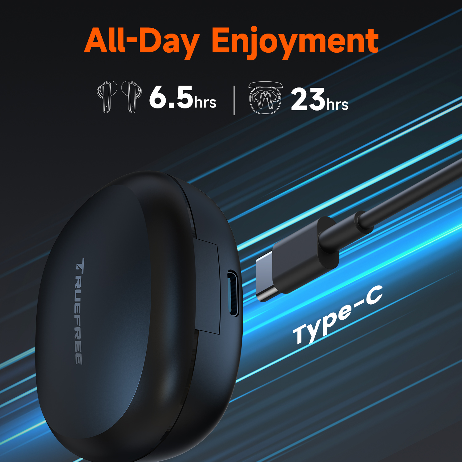 Truefree T2 Wireless Earbuds, Bluetooth 5.3 Headphones with 4 Mics Noise Cancelling for iOS/Android/Laptop, Gaming/Deep Bass, 23H Playtime, Multiple Eartips (S/M/L)