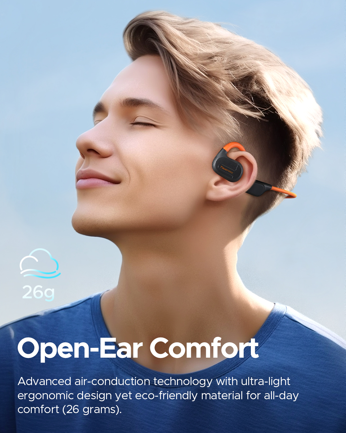 Truefree F2 Open-Ear Headphones, Air Conduction Bluetooth 5.3 Wireless Headphones for Sports, 15H Playtime, 16.2mm Enhanced Bass, Dual Mic, Multipoint Connection, App Control, Running, Cycling