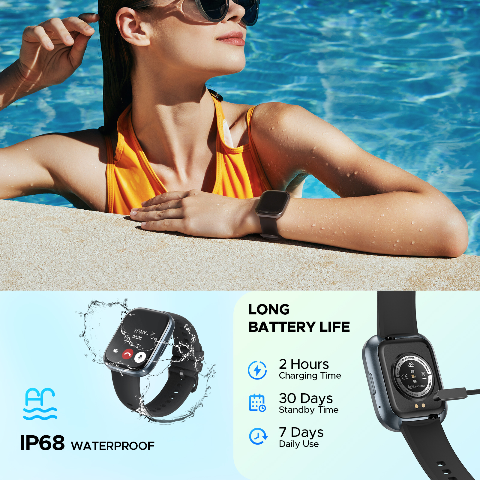 Truefree GT1 Smart Watch: 1.96" Full Touch Screen, Heart Rate, Sleep Monitor, IP68 Waterproof, 24 Sports Modes, Pedometer, Compatible with Android/iOS