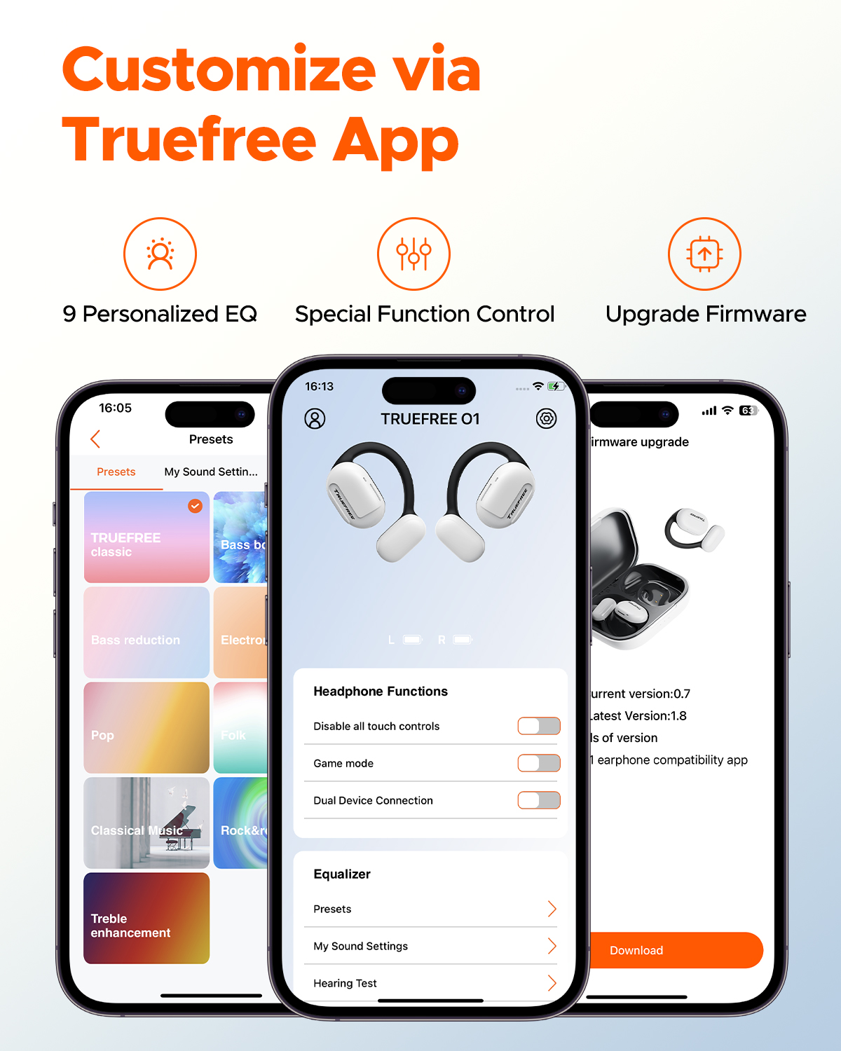 Truefree O1 Open-Ear Headphones, Bluetooth 5.3 Earbuds with Ear Hooks, Over-Ear Air Conduction for Sports, 4 Mics Clear Calls, 45H Playtime, 16.2mm Enhanced Bass, App Control-White