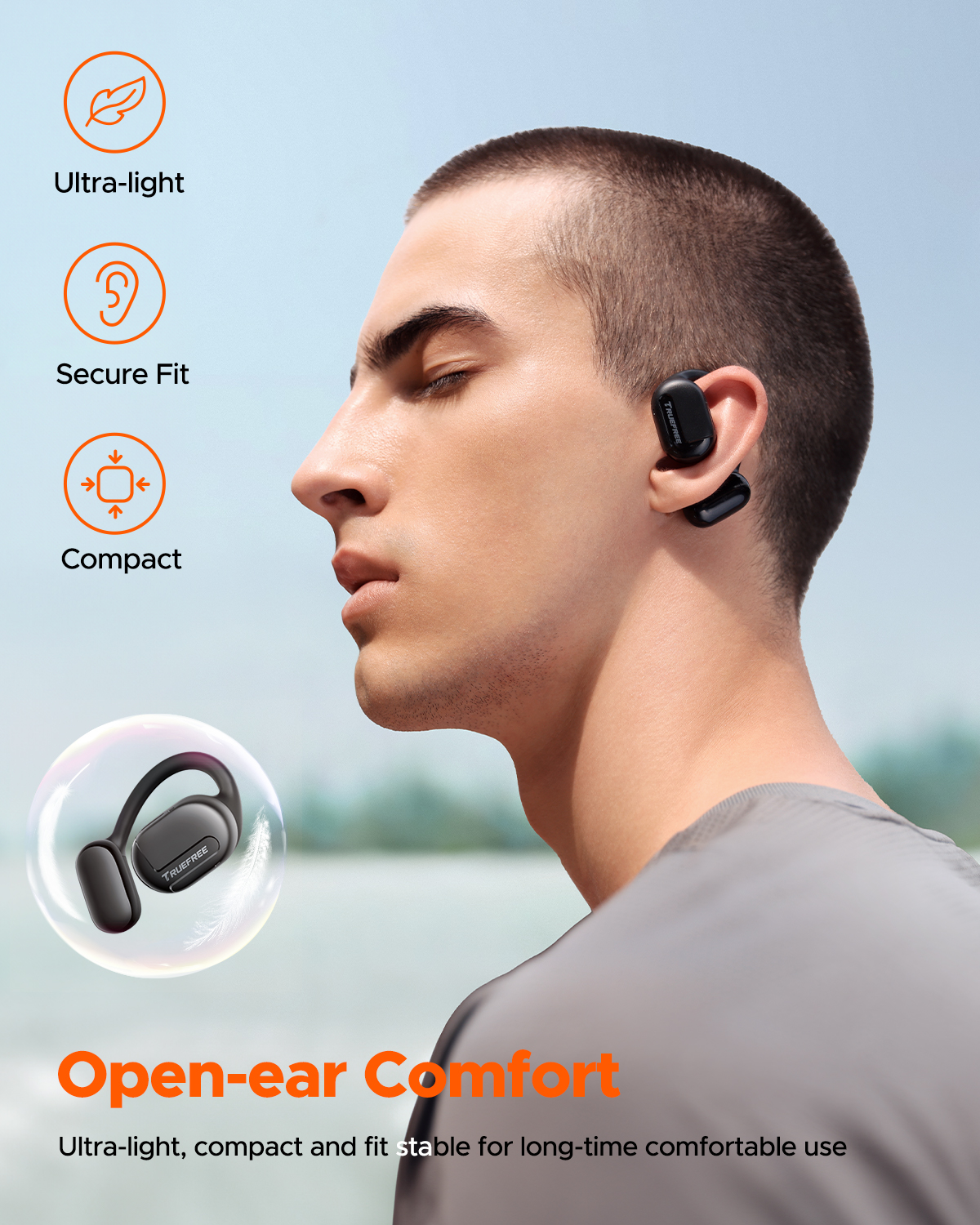 Truefree O1 Open-Ear Headphones, Bluetooth 5.3 Earbuds with Ear Hooks, Over-Ear Air Conduction for Sports, 4 Mics Clear Calls, 45H Playtime, 16.2mm Enhanced Bass, App Control-Black