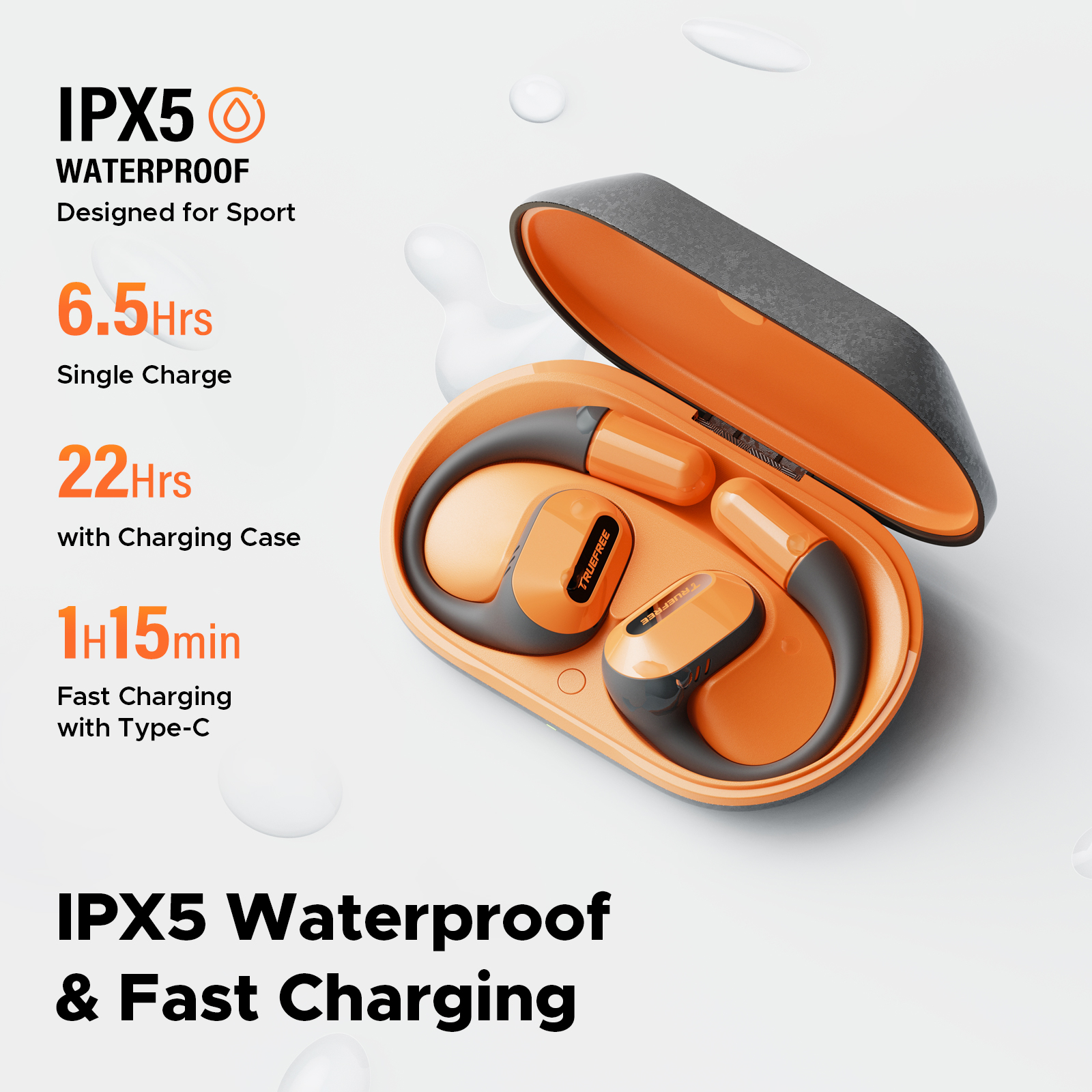 Truefree O2 Open Ear Headphones Ultra-Light, IPX5 Waterproof, 22H Playtime, Multipoint, App Control, Bluetooth 5.3