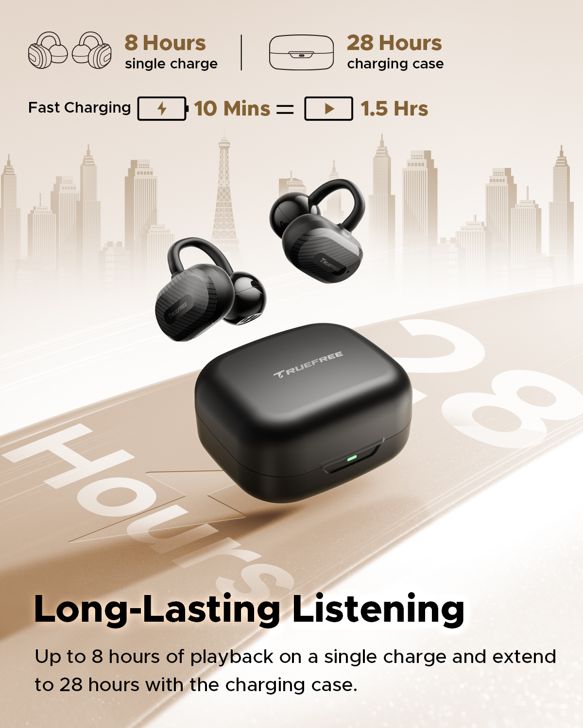 Truefree C10 Clip-On Wireless Earbuds, Bluetooth 5.4, 12mm Driver, Spatial Sound, 28H Playtime, IPX5, AI-ENC Calls, Dual Connection, App Customizable